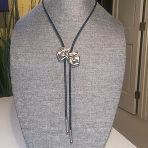 Vintage Silver Happy/Sad Masks on a Black Leather Bolo Tie